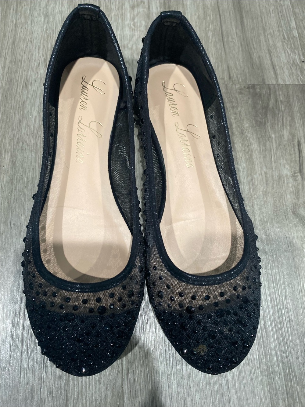 Lauren Lorraine Black Mesh Crystal Ballet Flats